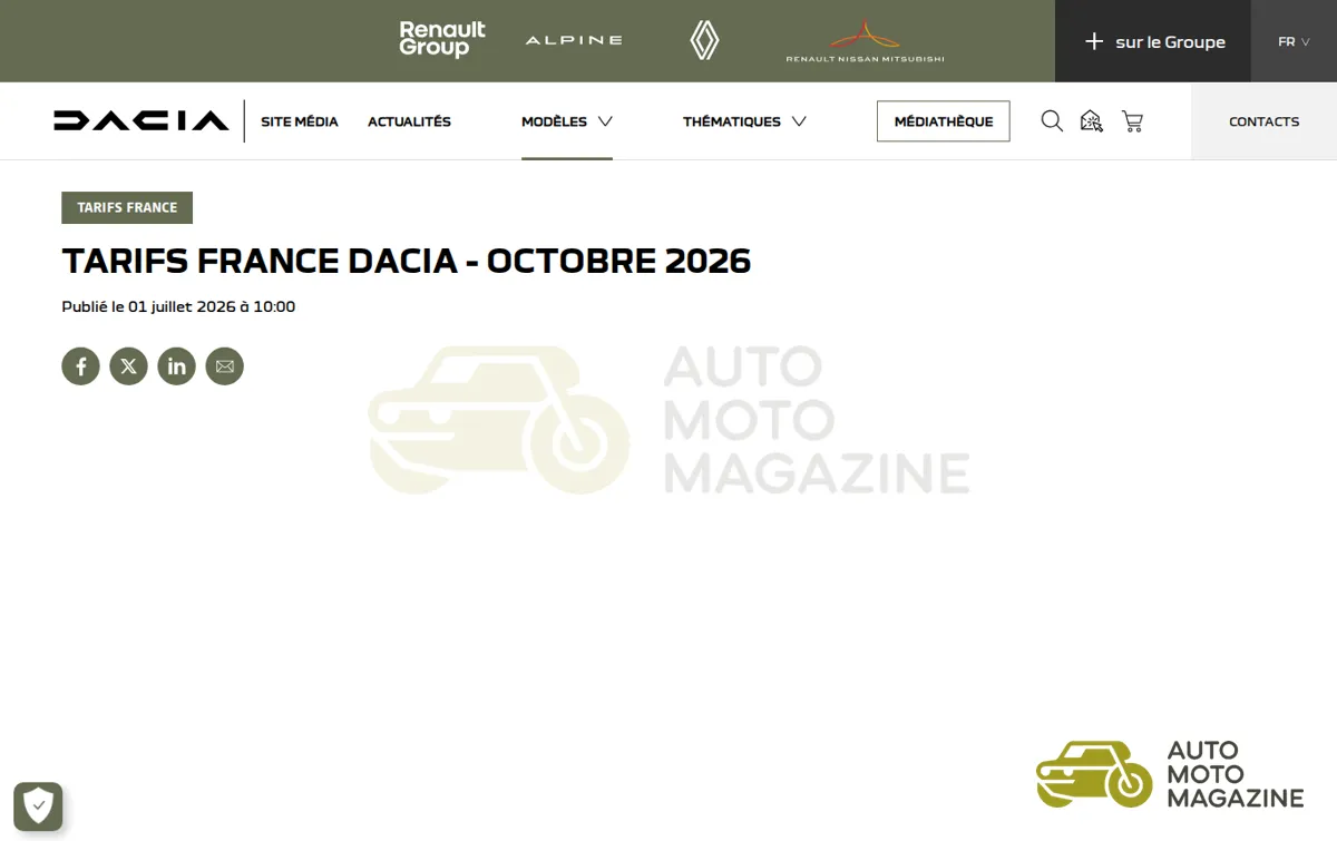 Capture : Tarifs France Dacia – octobre 2026 - Site media global de Dacia