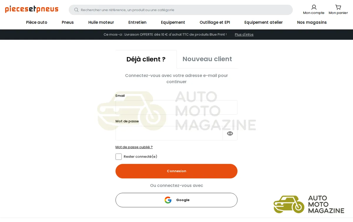 Capture : Identification client - Piecesetpneus.com
